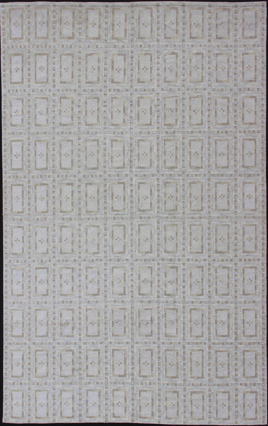 Cream, silver, tan, taupe, and ivory geometric all - over design Scandinavian flat - weave rug. Keivan Woven Arts / rug RJK - 17389 - SHB - 045 - 02, Country of origin / type: India / Scandinavian flat - weave. Measures: 14'5 x 22'6. This Scandinavian flat - wea... - Keivan Woven ArtsRJK - 17389 - SHB - 045 - 02 - 11092Rug