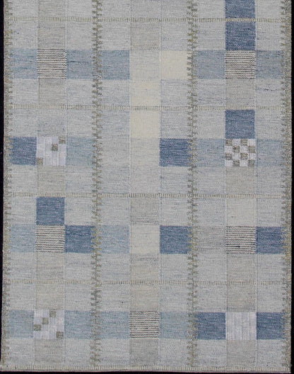 Customizable Modern Scandinavian flat - weave Runner in Gray, Taupe and blue with square shapes, Gallery Runner Scandinavian flat - weave with modern design, rug rjk - 18841 - shb - 137 - 01, country of origin / type: India / Scandinavian flat - weave. ... - Keivan Woven ArtsRJK - 18841 - SHB - 137 - 01 - 11425Rug