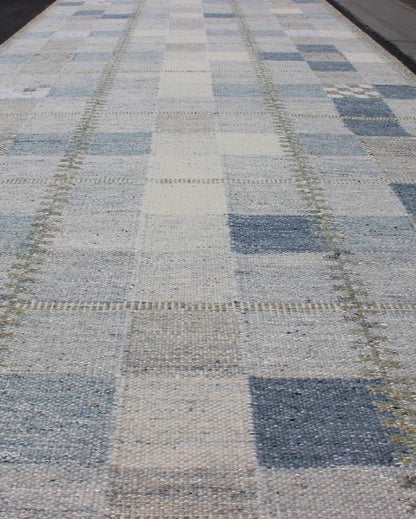 Customizable Modern Scandinavian flat - weave Runner in Gray, Taupe and blue with square shapes, Gallery Runner Scandinavian flat - weave with modern design, rug rjk - 18841 - shb - 137 - 01, country of origin / type: India / Scandinavian flat - weave. ... - Keivan Woven ArtsRJK - 18841 - SHB - 137 - 01 - 11425Rug