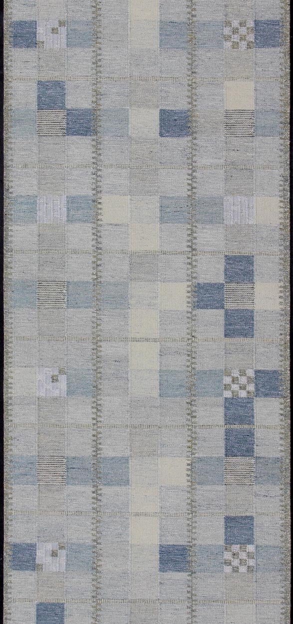 Customizable Modern Scandinavian flat - weave Runner in Gray, Taupe and blue with square shapes, Gallery Runner Scandinavian flat - weave with modern design, rug rjk - 18841 - shb - 137 - 01, country of origin / type: India / Scandinavian flat - weave. ... - Keivan Woven ArtsRJK - 18841 - SHB - 137 - 01 - 11425Rug