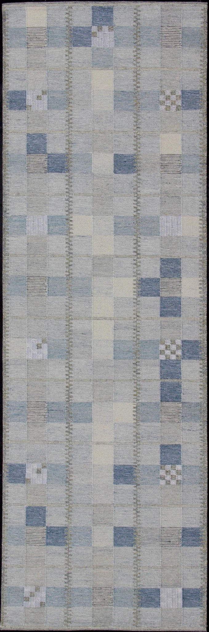 Customizable Modern Scandinavian flat - weave Runner in Gray, Taupe and blue with square shapes, Gallery Runner Scandinavian flat - weave with modern design, rug rjk - 18841 - shb - 137 - 01, country of origin / type: India / Scandinavian flat - weave. ... - Keivan Woven ArtsRJK - 18841 - SHB - 137 - 01 - 11425Rug