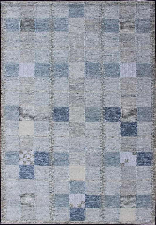 Scandinavian Style Flat - Weave Design Rug with Checkerboard Design in Gray, Blue kwarugs Gray and blue Scandinavian flat - weave design rug with geometric design, Keivan Woven Arts / rug rjk - 18843 - shb - 137 - 01, country of origin / type: India / Scand... - Keivan Woven ArtsRJK - 18843 - SHB - 137 - 01 - 11501