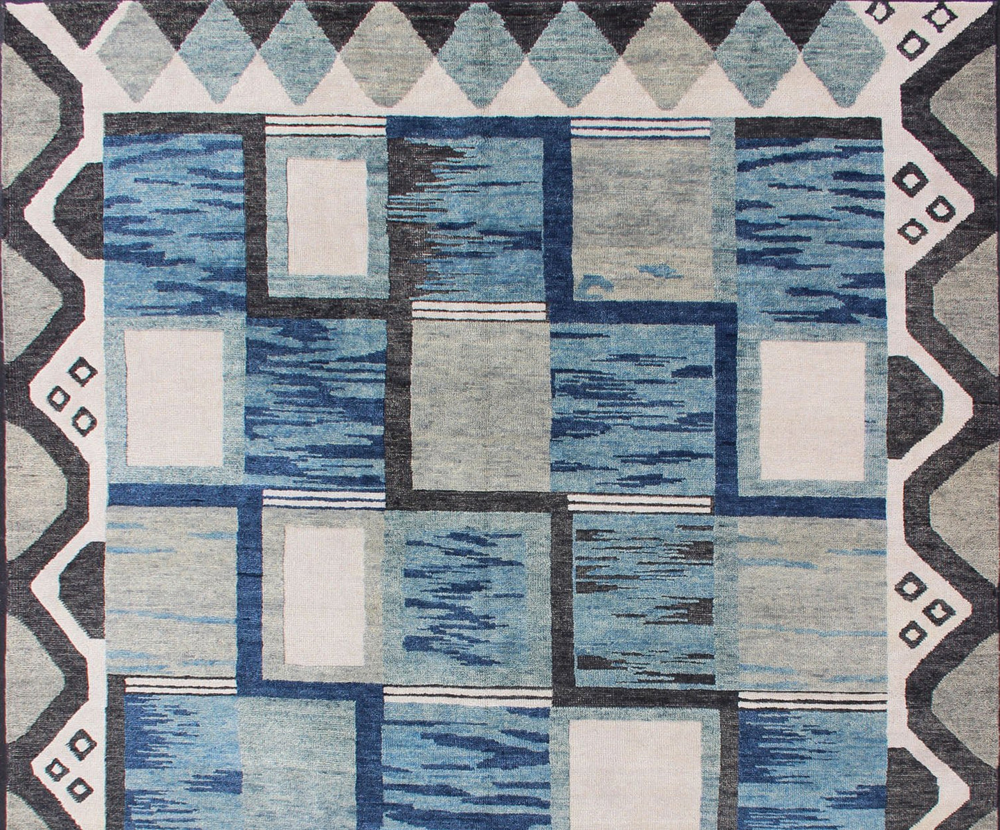 Piled Modern Scandinavian/Swedish Design Rug in Blue Tones, White, Taupe & Cream. Modern Scandinavian Design Rug in Blues and Cream Keivan Woven Arts - Scandinavian piled modern design rug with geometric design, rug RJK - 19381 - A1780, country of or... - Keivan Woven ArtsRJK - 19381 - A1780 - 13110Rug