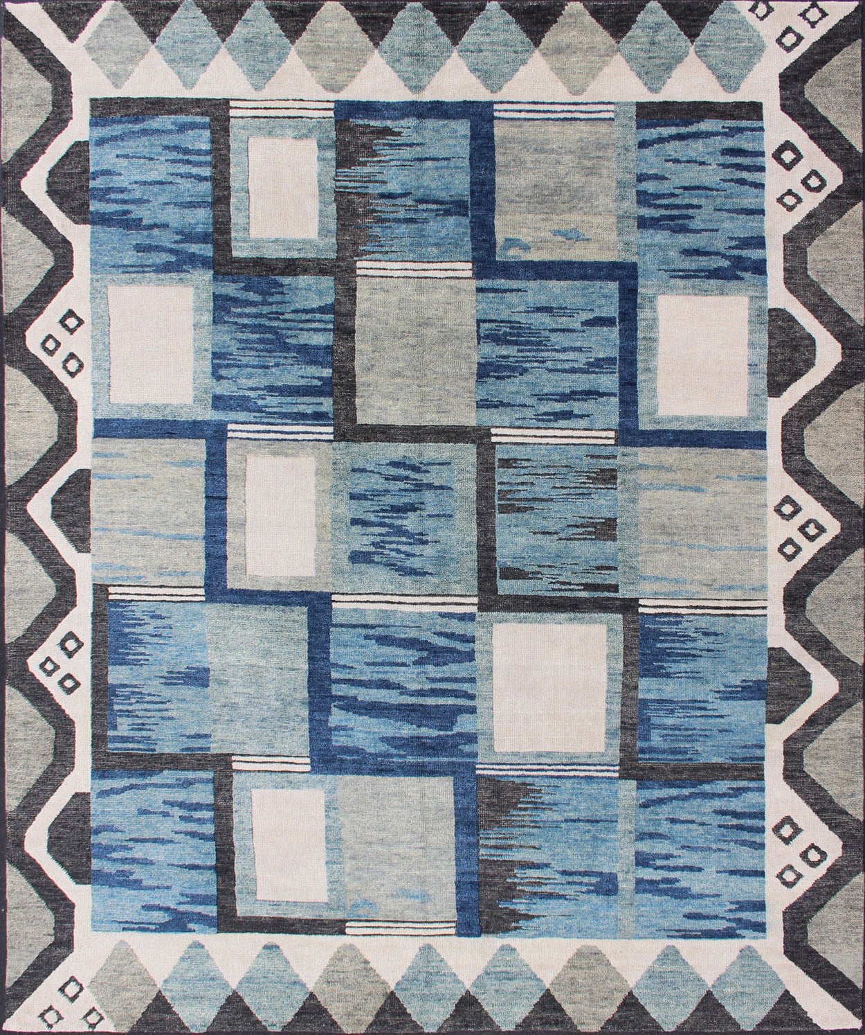 Piled Modern Scandinavian/Swedish Design Rug in Blue Tones, White, Taupe & Cream. Modern Scandinavian Design Rug in Blues and Cream Keivan Woven Arts - Scandinavian piled modern design rug with geometric design, rug RJK - 19381 - A1780, country of or... - Keivan Woven ArtsRJK - 19381 - A1780 - 13110Rug