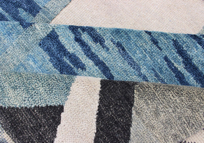 Piled Modern Scandinavian/Swedish Design Rug in Blue Tones, White, Taupe & Cream. Modern Scandinavian Design Rug in Blues and Cream Keivan Woven Arts - Scandinavian piled modern design rug with geometric design, rug RJK - 19381 - A1780, country of or... - Keivan Woven ArtsRJK - 19381 - A1780 - 13110Rug