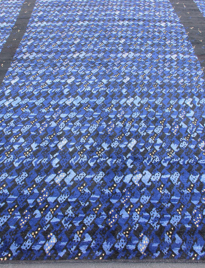 Measures: 10'2 x 13'9. Midnight blue and other shades of blue Contemporary Scandinavian design large rug with soft wool, feels great to the feet, This predominantly mid night blue rug has a pop of night light in the color yellow color. Large Modern ... - Keivan Woven ArtsRJK - 19417 - A2113A - 13116Rug