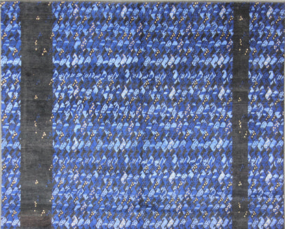 Measures: 10'2 x 13'9. Midnight blue and other shades of blue Contemporary Scandinavian design large rug with soft wool, feels great to the feet, This predominantly mid night blue rug has a pop of night light in the color yellow color. Large Modern ... - Keivan Woven ArtsRJK - 19417 - A2113A - 13116Rug