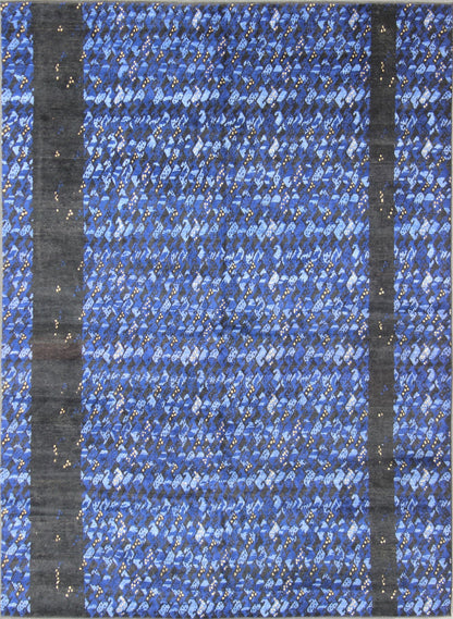 Measures: 10'2 x 13'9. Midnight blue and other shades of blue Contemporary Scandinavian design large rug with soft wool, feels great to the feet, This predominantly mid night blue rug has a pop of night light in the color yellow color. Large Modern ... - Keivan Woven ArtsRJK - 19417 - A2113A - 13116
