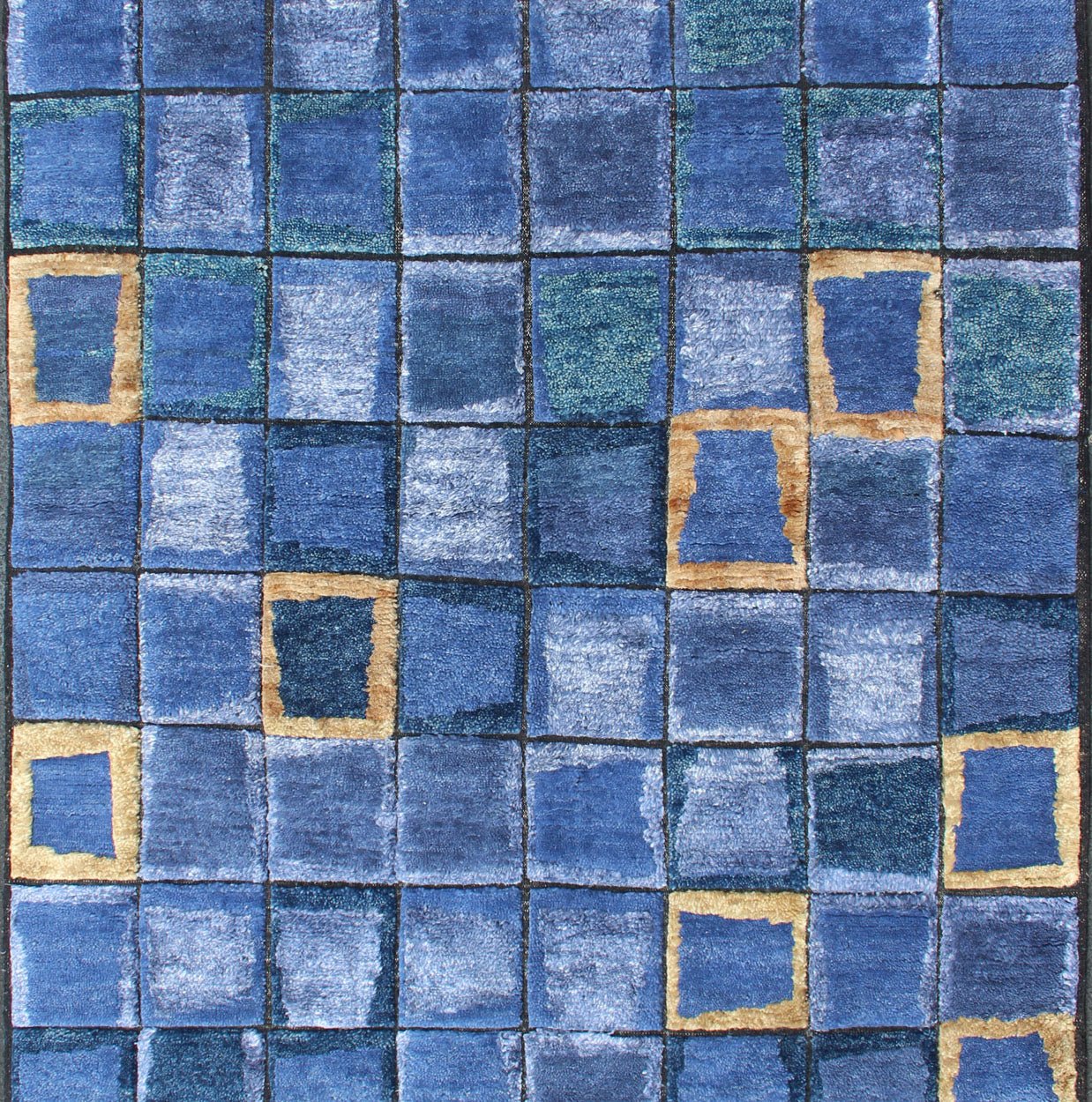 Piled Modern Scandinavian/Swedish Geometric Design Rug in Blues and Gold Color Scandinavian piled modern design rug with geometric design, rug RJK - 19650 - AHM - A - 2733, country of origin / type: India / Scandinavian piled rug This Scandinavi... - Keivan Woven ArtsRJK - 19650 - AHM - A - 2733 - 13128Rug