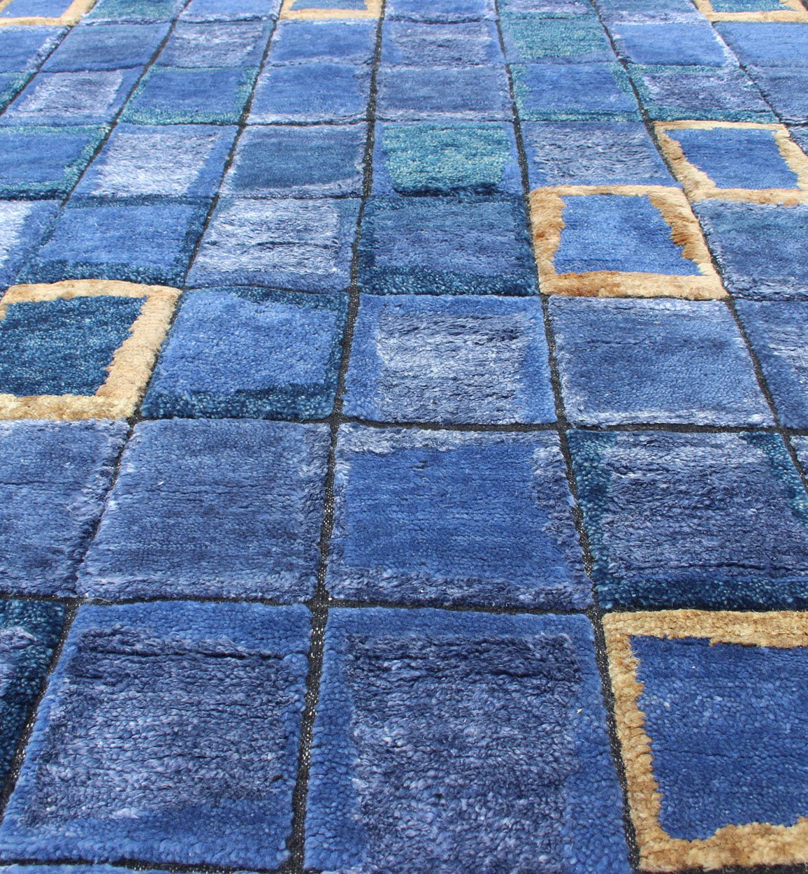 Piled Modern Scandinavian/Swedish Geometric Design Rug in Blues and Gold Color Scandinavian piled modern design rug with geometric design, rug RJK - 19650 - AHM - A - 2733, country of origin / type: India / Scandinavian piled rug This Scandinavi... - Keivan Woven ArtsRJK - 19650 - AHM - A - 2733 - 13128Rug