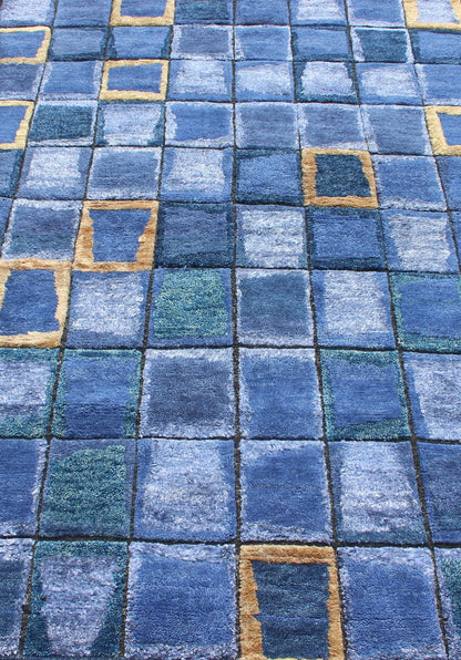 Piled Modern Scandinavian/Swedish Geometric Design Rug in Blues and Gold Color Scandinavian piled modern design rug with geometric design, rug RJK - 19650 - AHM - A - 2733, country of origin / type: India / Scandinavian piled rug This Scandinavi... - Keivan Woven ArtsRJK - 19650 - AHM - A - 2733 - 13128Rug