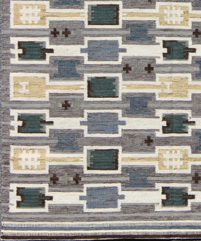 Scandinavian Flat - Weave Design Rug with Geometric Design in gray, Green, and soft Gold. Measures: 8'2'' x 9'10''. This Scandinavian flat - weave is inspired by the work of Swedish textile designers of the early to mid - 20th century. With a ... - Keivan Woven ArtsRJK - 20090 - SHB - 024 - 01 - 7939Rug