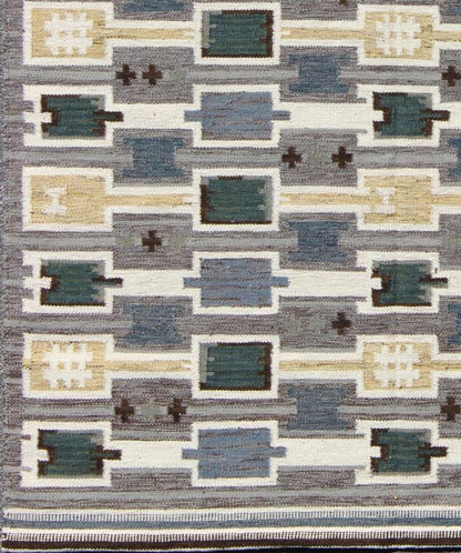 Scandinavian Flat - Weave Design Rug with Geometric Design in gray, Green, and soft Gold. Measures: 8'2'' x 9'10''. This Scandinavian flat - weave is inspired by the work of Swedish textile designers of the early to mid - 20th century. With a ... - Keivan Woven ArtsRJK - 20090 - SHB - 024 - 01 - 7939Rug