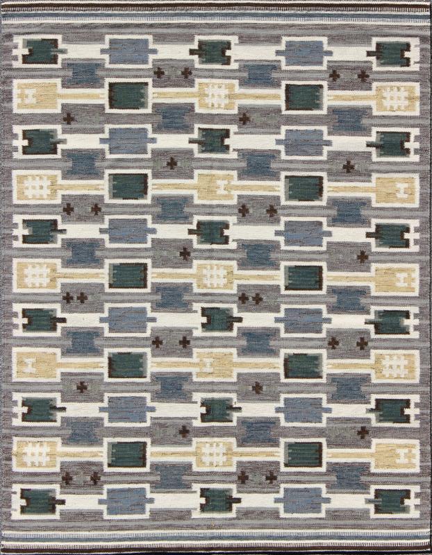 Scandinavian Flat - Weave Design Rug with Geometric Design in gray, Green, and soft Gold. Measures: 8'2'' x 9'10''. This Scandinavian flat - weave is inspired by the work of Swedish textile designers of the early to mid - 20th century. With a ... - Keivan Woven ArtsRJK - 20090 - SHB - 024 - 01 - 7939
