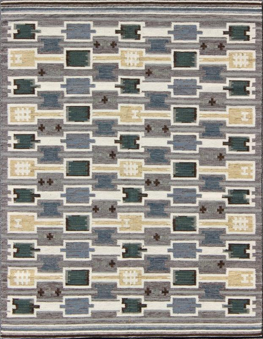 Scandinavian Flat - Weave Design Rug with Geometric Design in gray, Green, and soft Gold. Measures: 8'2'' x 9'10''. This Scandinavian flat - weave is inspired by the work of Swedish textile designers of the early to mid - 20th century. With a ... - Keivan Woven ArtsRJK - 20090 - SHB - 024 - 01 - 7939