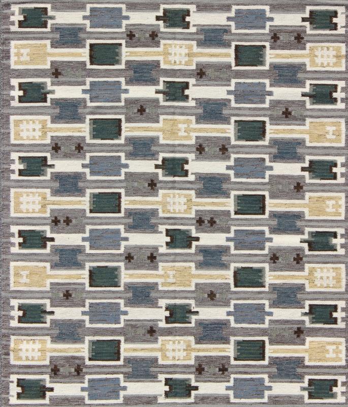 Scandinavian Flat - Weave Design Rug with Geometric Design in gray, Green, and soft Gold. Measures: 8'2'' x 9'10''. This Scandinavian flat - weave is inspired by the work of Swedish textile designers of the early to mid - 20th century. With a ... - Keivan Woven ArtsRJK - 20090 - SHB - 024 - 01 - 7939Rug