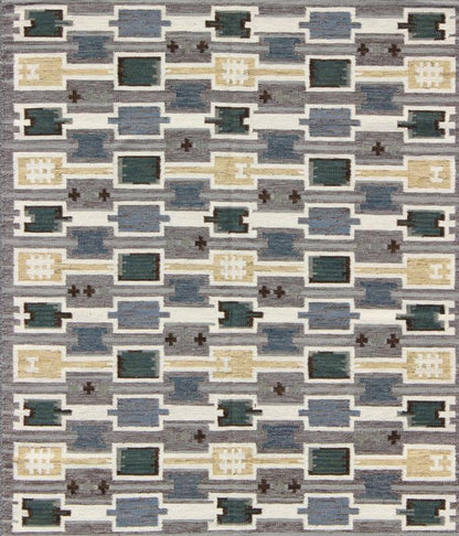 Scandinavian Flat - Weave Design Rug with Geometric Design in gray, Green, and soft Gold. Measures: 8'2'' x 9'10''. This Scandinavian flat - weave is inspired by the work of Swedish textile designers of the early to mid - 20th century. With a ... - Keivan Woven ArtsRJK - 20090 - SHB - 024 - 01 - 7939Rug
