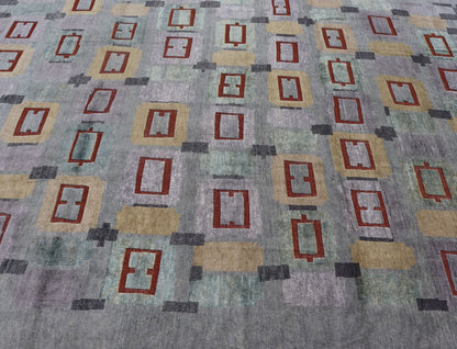 Hand - Knotted Oversized Piled Scandinavian Wool Rug in Gray, Red, and Pastels Measures 10'2 x 13'11 Country of Origin: India; Type: Piled Scandinavian; Design: Abstract Geometric, All - Over, Modern Contemporary; Keivan Woven Arts; rug... - Keivan Woven ArtsRJK - 2035 - A1778K - 17124Rug