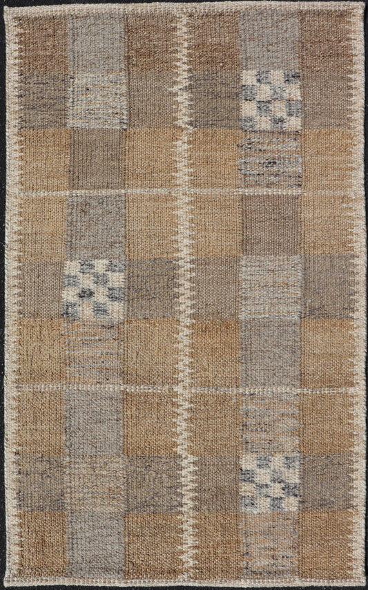 Modern Scandinavian/Swedish Box Design Rug with Earthy Color Tone's With Gray. rug RJK - 20790 - SHB - 137 - ALOE, country of origin / type: India / Scandinavian Flat Weave, circa 21th Century. Measures: 2'11 x 4'9 This Scandinavian flat - weave patterned... - Keivan Woven ArtsRJK - 20790 - SHB - 137 - ALOE - 24649Rug