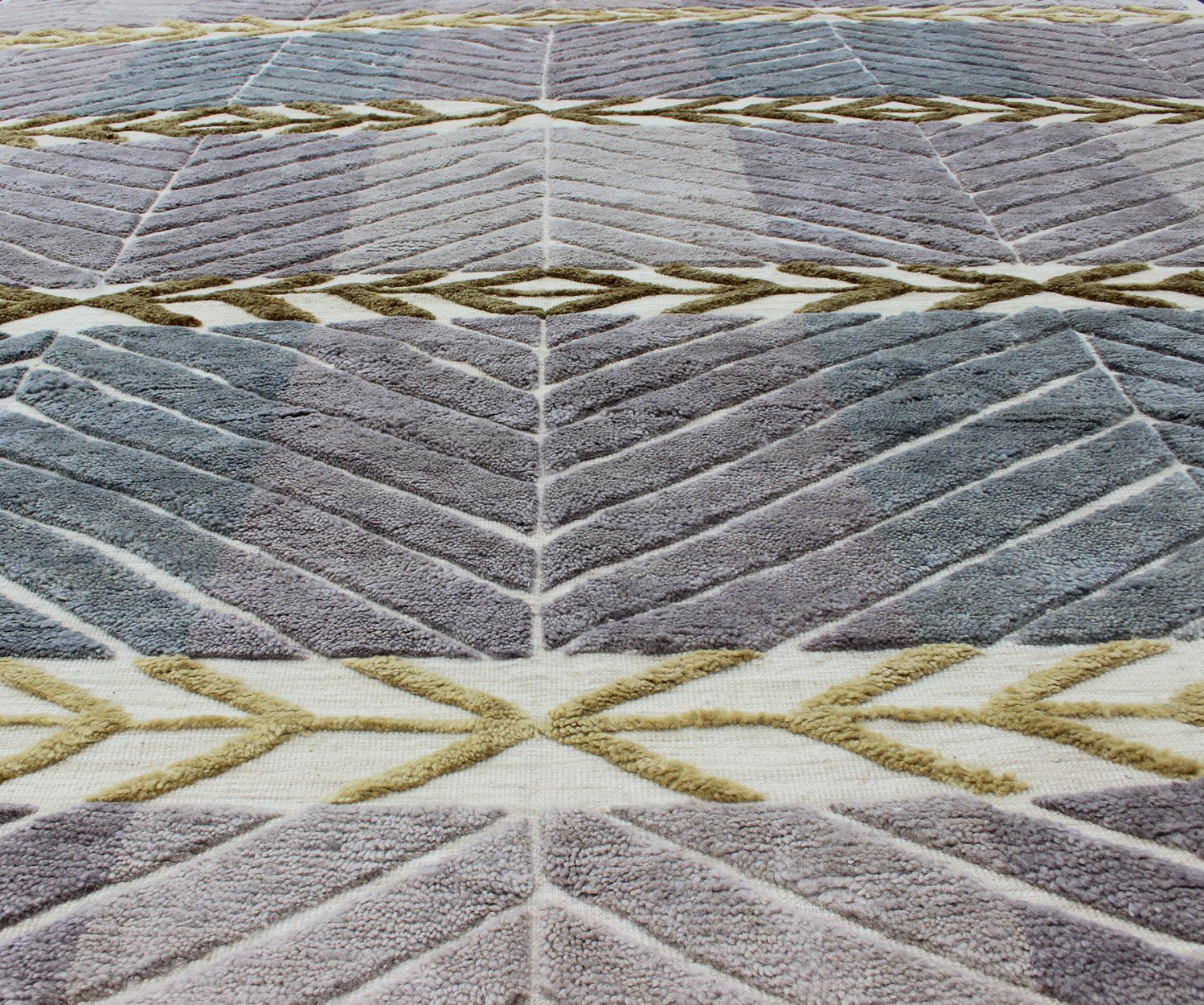 Modern Scandinavian/Swedish Design Rug by Keivan Woven Arts Measures: 9'2 x 11'10 Contemporary Scandinavian design piled rug in Light Purple/lavender, gray, green, gold, and cream, Keivan Woven Arts/ rug RJK - 23293, country of origin / type: In... - Keivan Woven ArtsRJK - 23293 - AHN - PILE - A - 2655 - 13140