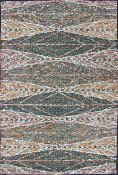 Keivan Woven Arts Scandinavian Flat - Weave Rug With Modern Design Brown and Green. Keivan Woven Arts / Rug/RJK - 23326 - SHB - 010 - G. 21st Century. Measures: 3'2 x 4'11 This Scandinavian flat - weave rug is inspired by the work of Swedish textile designe... - Keivan Woven ArtsRJK - 23326 - SHB - 010 - G - 13146Rug