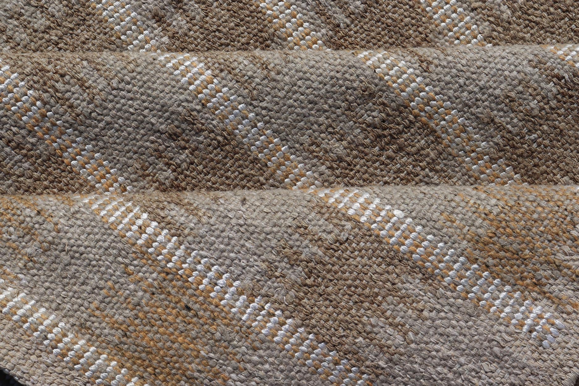 Modern Scandinavian/Swedish Flat Weave Geometric Design Rug in Earth Tones Modern Scandinavian/Swedish Flat Weave Geometric Design Rug in Taupe, warm gray, yellow, white and light brown Keivan Woven Arts rug, RJK - 24791 - SHB - 072 - ALOE, country of o... - Keivan Woven ArtsRJK - 24791 - SHB - 072 - ALOE - 21523Rug