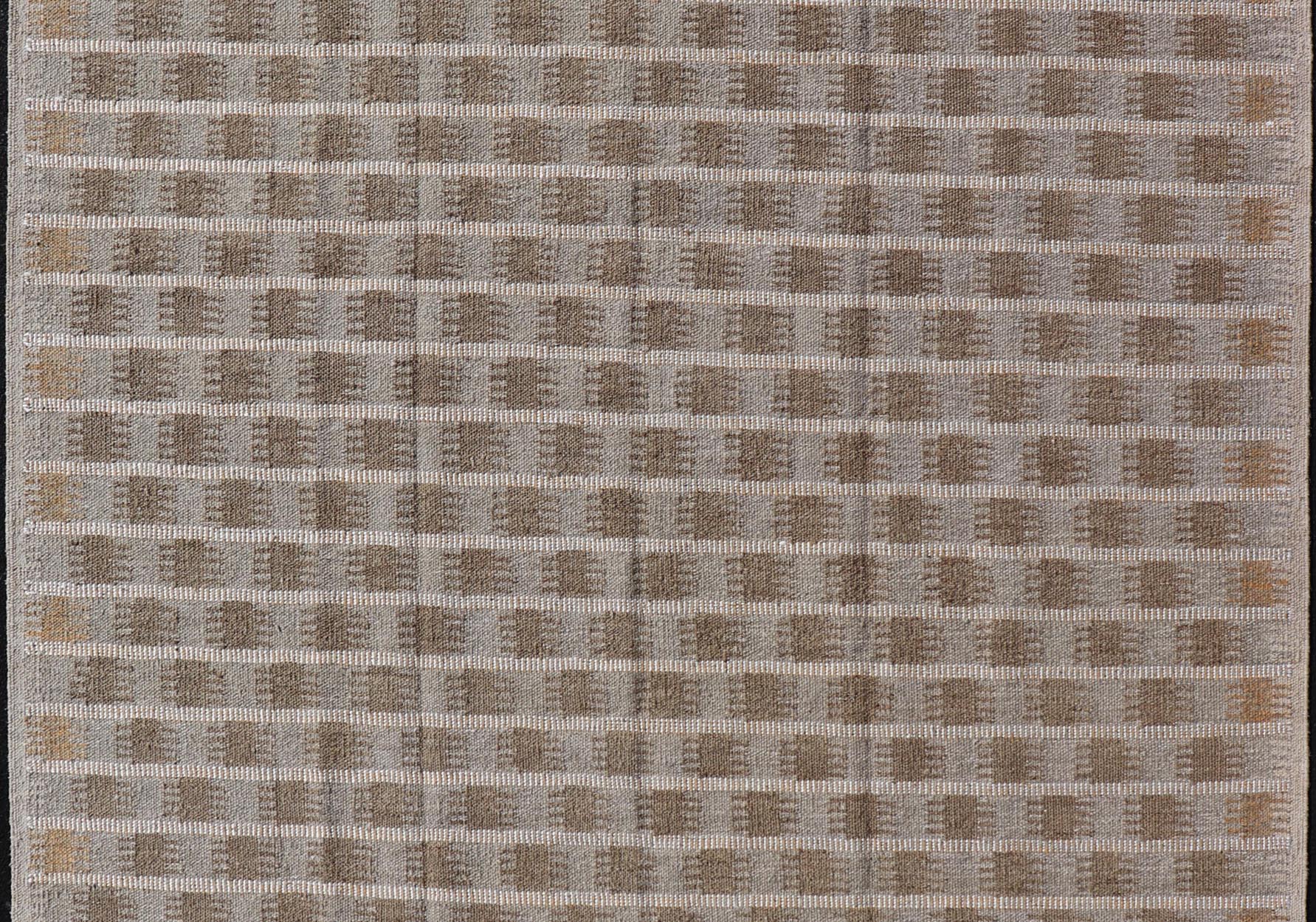 Modern Scandinavian/Swedish Flat Weave Geometric Design Rug in Earth Tones Modern Scandinavian/Swedish Flat Weave Geometric Design Rug in Taupe, warm gray, yellow, white and light brown Keivan Woven Arts rug, RJK - 24791 - SHB - 072 - ALOE, country of o... - Keivan Woven ArtsRJK - 24791 - SHB - 072 - ALOE - 21523Rug