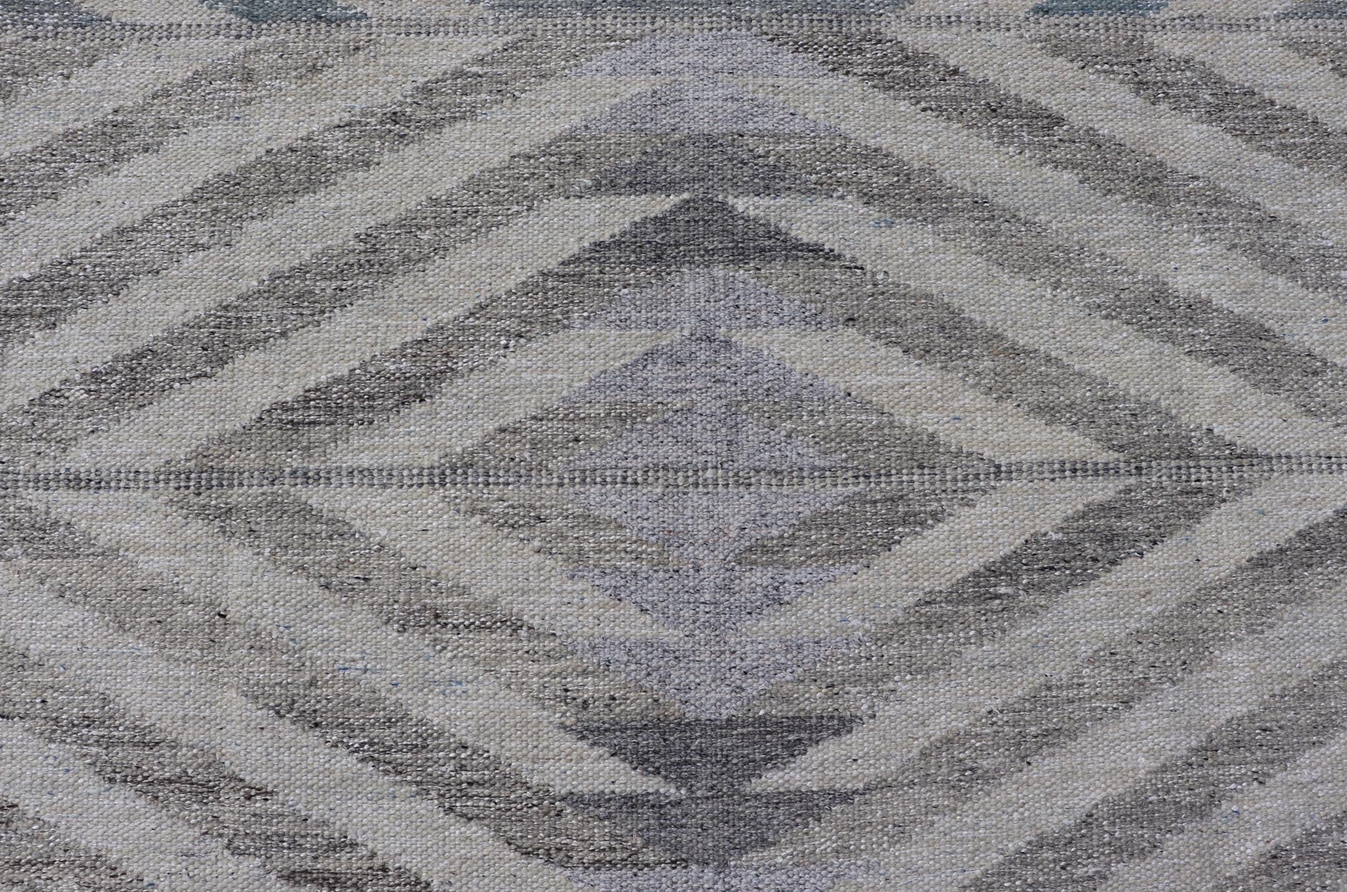 Modern Scandinavian Flat - Weave Reversible Rug With Large Diamond Design, Scandinavian rug, Swedish rug, Modern Scandinavian Flat - Weave Reversible Rug. Neutral colored Modern Scandinavian Flat - Weave Rug With Large Diamonds in silver, gray and blue. ... - Keivan Woven ArtsRJK - 24792 - SHB - 096 - 02 - 21529Rug