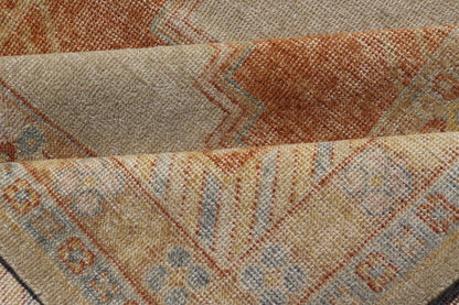 Distressed Modern Khotan Design Rug with Diamond & Geometric Pattern In Ivory, Burnt Orange, light green, light blue and yellow colors. Keivan Woven Arts/ rug RJK - 24848 - JPR - 011 - 01 country of origin / type: India / Khotan 21st Century. Measures: ... - Keivan Woven ArtsRJK - 24848 - JPR - 011 - 01 - 21535Rug