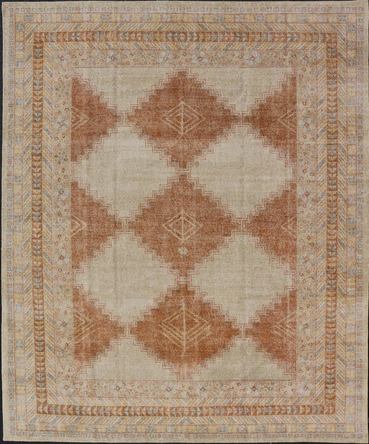Distressed Modern Khotan Design Rug with Diamond & Geometric Pattern In Ivory, Burnt Orange, light green, light blue and yellow colors. Keivan Woven Arts/ rug RJK - 24848 - JPR - 011 - 01 country of origin / type: India / Khotan 21st Century. Measures: ... - Keivan Woven ArtsRJK - 24848 - JPR - 011 - 01 - 21535Rug