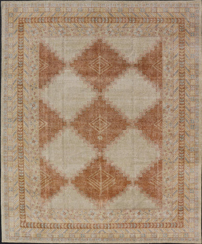 Distressed Modern Khotan Design Rug with Diamond & Geometric Pattern In Ivory, Burnt Orange, light green, light blue and yellow colors. Keivan Woven Arts/ rug RJK - 24848 - JPR - 011 - 01 country of origin / type: India / Khotan 21st Century. Measures: ... - Keivan Woven ArtsRJK - 24848 - JPR - 011 - 01 - 21535Rug