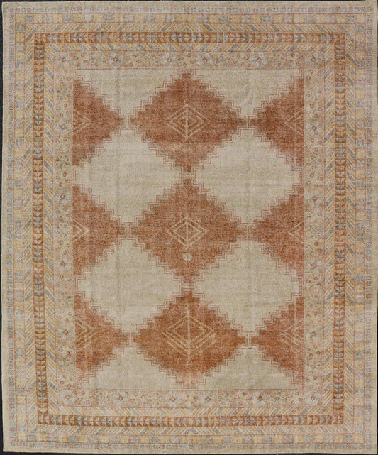 Distressed Modern Khotan Design Rug with Diamond & Geometric Pattern In Ivory, Burnt Orange, light green, light blue and yellow colors. Keivan Woven Arts/ rug RJK - 24848 - JPR - 011 - 01 country of origin / type: India / Khotan 21st Century. Measures: ... - Keivan Woven ArtsRJK - 24848 - JPR - 011 - 01 - 21535Rug