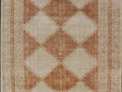 Distressed Modern Khotan Design Rug with Diamond & Geometric Pattern In Ivory, Burnt Orange, light green, light blue and yellow colors. Keivan Woven Arts/ rug RJK - 24848 - JPR - 011 - 01 country of origin / type: India / Khotan 21st Century. Measures: ... - Keivan Woven ArtsRJK - 24848 - JPR - 011 - 01 - 21535Rug