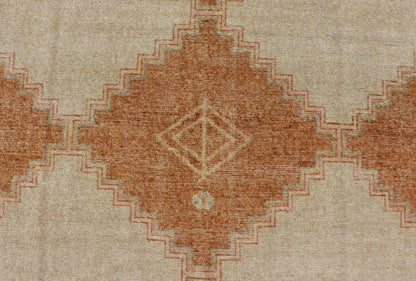 Distressed Modern Khotan Design Rug with Diamond & Geometric Pattern In Ivory, Burnt Orange, light green, light blue and yellow colors. Keivan Woven Arts/ rug RJK - 24848 - JPR - 011 - 01 country of origin / type: India / Khotan 21st Century. Measures: ... - Keivan Woven ArtsRJK - 24848 - JPR - 011 - 01 - 21535Rug