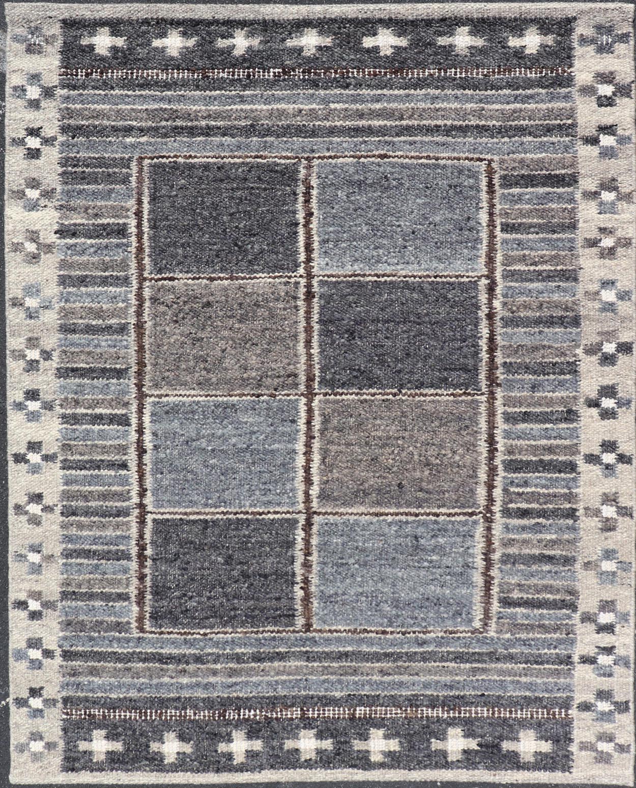 Modern Scandinavian/Swedish Design Rug in Blue, Charcoal, Gray and Cream. Keivan Woven Arts / rug RJK - 26358 - SHB - 004 - NU, country of origin / type: India / Scandinavian flatweave rug. Measures: 5'3 x 6'10 This Scandinavian flat weave rug is inspi... - Keivan Woven ArtsRJK - 26358 - SHB - 004 - NU - 24703Rug