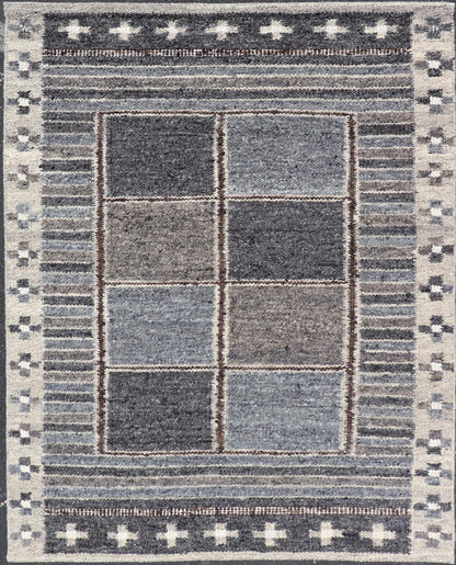 Modern Scandinavian/Swedish Design Rug in Blue, Charcoal, Gray and Cream. Keivan Woven Arts / rug RJK - 26358 - SHB - 004 - NU, country of origin / type: India / Scandinavian flatweave rug. Measures: 5'3 x 6'10 This Scandinavian flat weave rug is inspi... - Keivan Woven ArtsRJK - 26358 - SHB - 004 - NU - 24703Rug