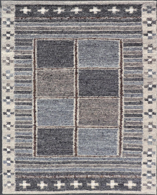 Modern Scandinavian/Swedish Design Rug in Blue, Charcoal, Gray and Cream. Keivan Woven Arts / rug RJK - 26358 - SHB - 004 - NU, country of origin / type: India / Scandinavian flatweave rug. Measures: 5'3 x 6'10 This Scandinavian flat weave rug is inspi... - Keivan Woven ArtsRJK - 26358 - SHB - 004 - NU - 24703Rug