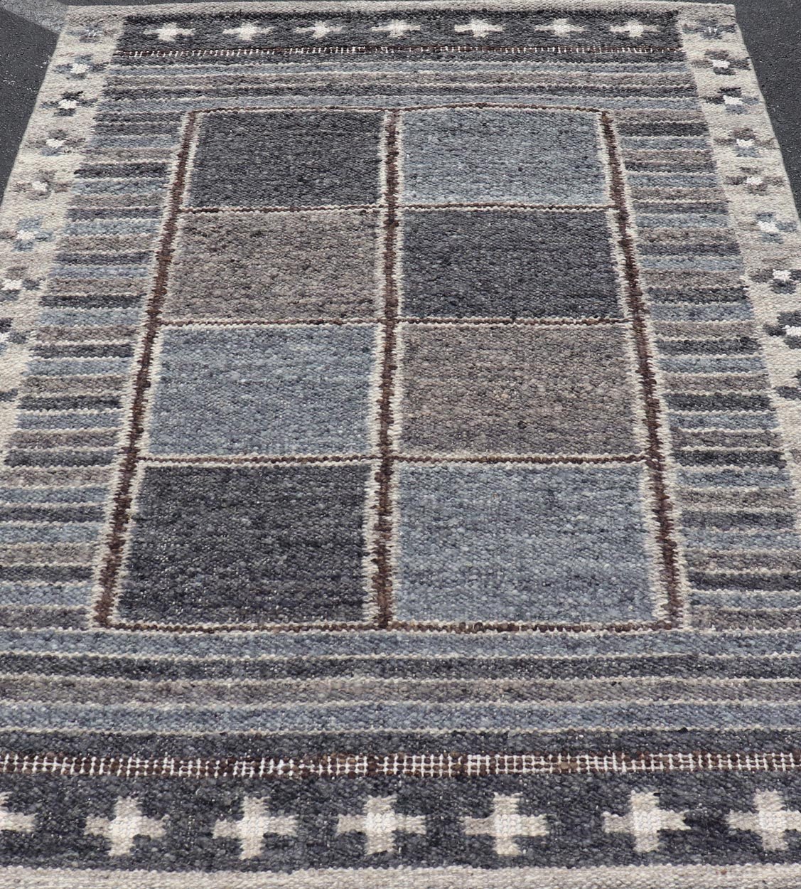 Modern Scandinavian/Swedish Design Rug in Blue, Charcoal, Gray and Cream. Keivan Woven Arts / rug RJK - 26358 - SHB - 004 - NU, country of origin / type: India / Scandinavian flatweave rug. Measures: 5'3 x 6'10 This Scandinavian flat weave rug is inspi... - Keivan Woven ArtsRJK - 26358 - SHB - 004 - NU - 24703Rug