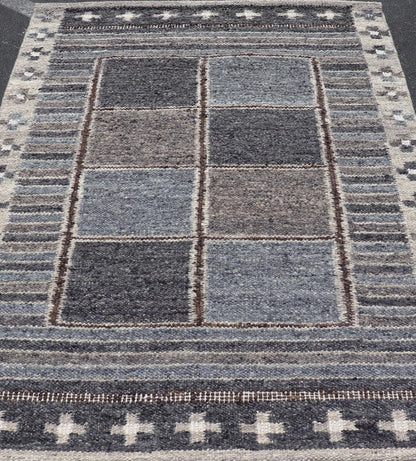 Modern Scandinavian/Swedish Design Rug in Blue, Charcoal, Gray and Cream. Keivan Woven Arts / rug RJK - 26358 - SHB - 004 - NU, country of origin / type: India / Scandinavian flatweave rug. Measures: 5'3 x 6'10 This Scandinavian flat weave rug is inspi... - Keivan Woven ArtsRJK - 26358 - SHB - 004 - NU - 24703Rug