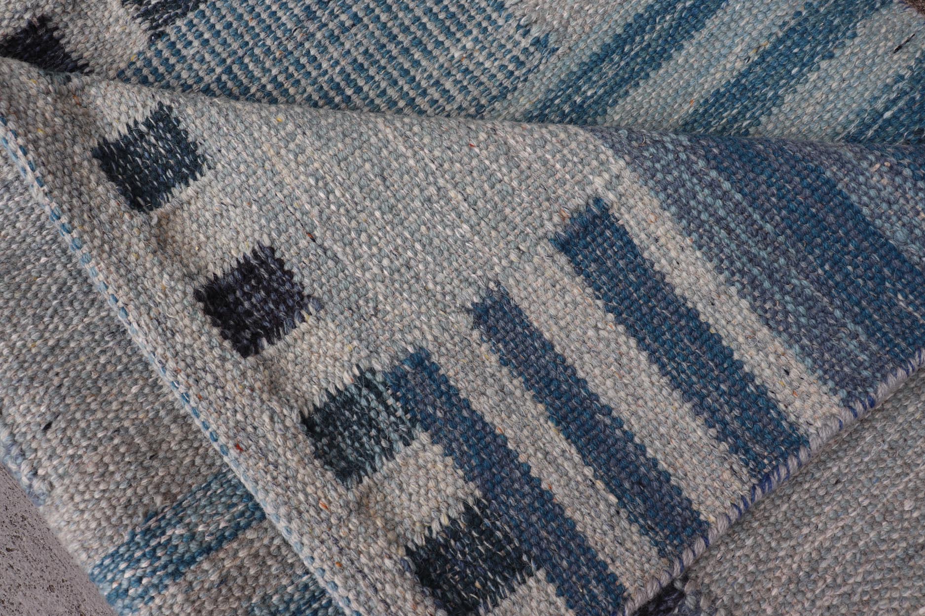 Scandinavian Style Flat - Weave Rug with Modern Design in Gray, Black, And Blues. Keivan Woven Arts, rug RJK - 30118 - SHB - 183, country of origin / type: India / Scandinavian flat - weave. Measures: 9'2 x 11'7 This Scandinavian flat - weave is inspired by... - Keivan Woven ArtsRJK - 30118 - SHB - 183 - 25224Rug