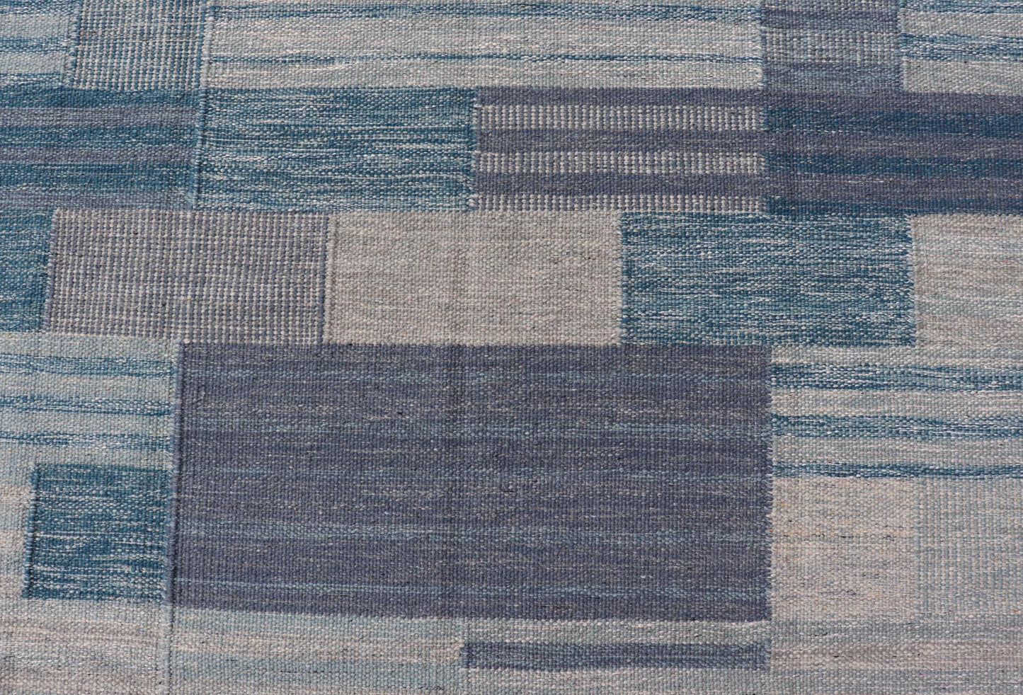 Scandinavian Style Flat - Weave Rug with Modern Design in Gray, Black, And Blues. Keivan Woven Arts, rug RJK - 30118 - SHB - 183, country of origin / type: India / Scandinavian flat - weave. Measures: 9'2 x 11'7 This Scandinavian flat - weave is inspired by... - Keivan Woven ArtsRJK - 30118 - SHB - 183 - 25224