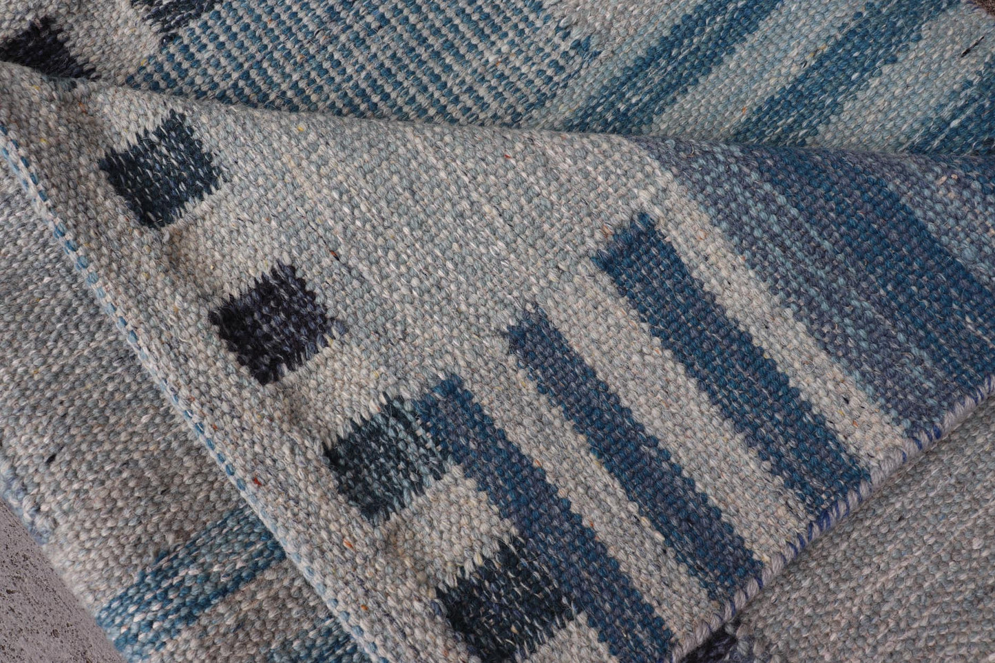 Scandinavian Style Flat - Weave Rug with Modern Design in Gray, Black, And Blues. Keivan Woven Arts, rug RJK - 30118 - SHB - 183, country of origin / type: India / Scandinavian flat - weave. Measures: 9'2 x 11'7 This Scandinavian flat - weave is inspired by... - Keivan Woven ArtsRJK - 30118 - SHB - 183 - 25224