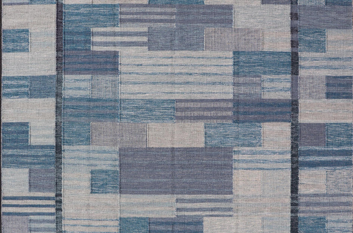 Scandinavian Style Flat - Weave Rug with Modern Design in Gray, Black, And Blues. Keivan Woven Arts, rug RJK - 30118 - SHB - 183, country of origin / type: India / Scandinavian flat - weave. Measures: 9'2 x 11'7 This Scandinavian flat - weave is inspired by... - Keivan Woven ArtsRJK - 30118 - SHB - 183 - 25224