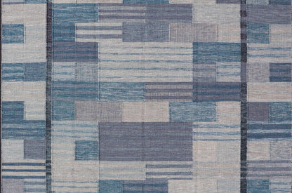 Scandinavian Style Flat - Weave Rug with Modern Design in Gray, Black, And Blues. Keivan Woven Arts, rug RJK - 30118 - SHB - 183, country of origin / type: India / Scandinavian flat - weave. Measures: 9'2 x 11'7 This Scandinavian flat - weave is inspired by... - Keivan Woven ArtsRJK - 30118 - SHB - 183 - 25224