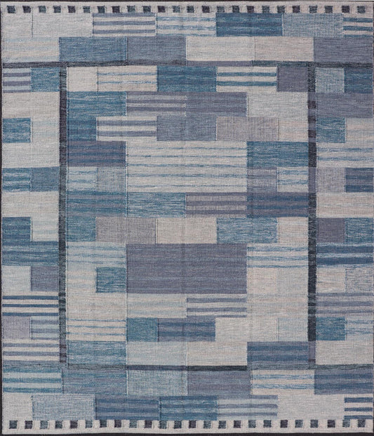 Scandinavian Style Flat - Weave Rug with Modern Design in Gray, Black, And Blues. Keivan Woven Arts, rug RJK - 30118 - SHB - 183, country of origin / type: India / Scandinavian flat - weave. Measures: 9'2 x 11'7 This Scandinavian flat - weave is inspired by... - Keivan Woven ArtsRJK - 30118 - SHB - 183 - 25224Rug