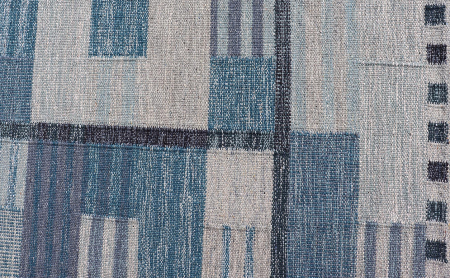 Scandinavian Style Flat - Weave Rug with Modern Design in Gray, Black, And Blues. Keivan Woven Arts, rug RJK - 30118 - SHB - 183, country of origin / type: India / Scandinavian flat - weave. Measures: 9'2 x 11'7 This Scandinavian flat - weave is inspired by... - Keivan Woven ArtsRJK - 30118 - SHB - 183 - 25224Rug