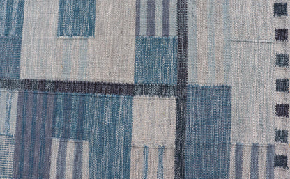 Scandinavian Style Flat - Weave Rug with Modern Design in Gray, Black, And Blues. Keivan Woven Arts, rug RJK - 30118 - SHB - 183, country of origin / type: India / Scandinavian flat - weave. Measures: 9'2 x 11'7 This Scandinavian flat - weave is inspired by... - Keivan Woven ArtsRJK - 30118 - SHB - 183 - 25224Rug