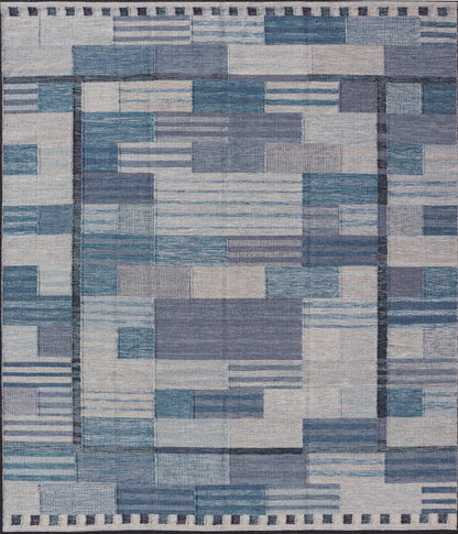 Scandinavian Style Flat - Weave Rug with Modern Design in Gray, Black, And Blues. Keivan Woven Arts, rug RJK - 30118 - SHB - 183, country of origin / type: India / Scandinavian flat - weave. Measures: 9'2 x 11'7 This Scandinavian flat - weave is inspired by... - Keivan Woven ArtsRJK - 30118 - SHB - 183 - 25224