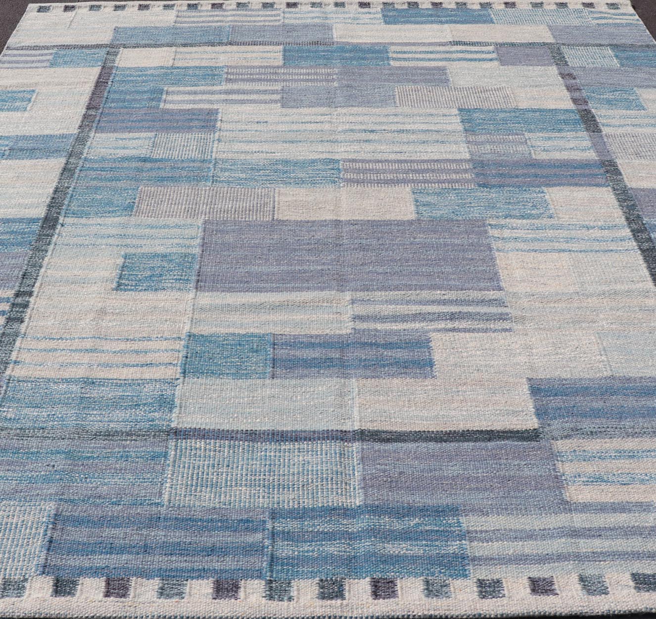 Scandinavian Style Flat - Weave Rug with Modern Design in Gray, Black, And Blues. Keivan Woven Arts, rug RJK - 30118 - SHB - 183, country of origin / type: India / Scandinavian flat - weave. Measures: 9'2 x 11'7 This Scandinavian flat - weave is inspired by... - Keivan Woven ArtsRJK - 30118 - SHB - 183 - 25224Rug