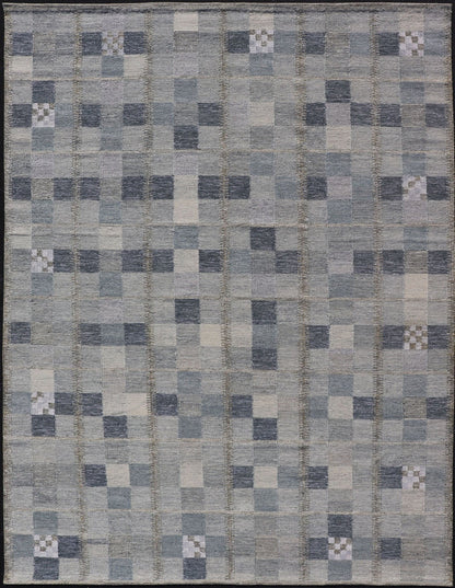 Scandinavian Style Flat - Weave Design Rug with Checkerboard Design in Gray, Blues Gray and blue Scandinavian flat - weave design rug with geometric design, Keivan Woven Arts , rug RJK - 44522 - SHB - 137 - 01, country of origin / type: India / Scandinavia... - Keivan Woven ArtsRJK - 44522 - SHB - 137 - 01 - 18204Rug